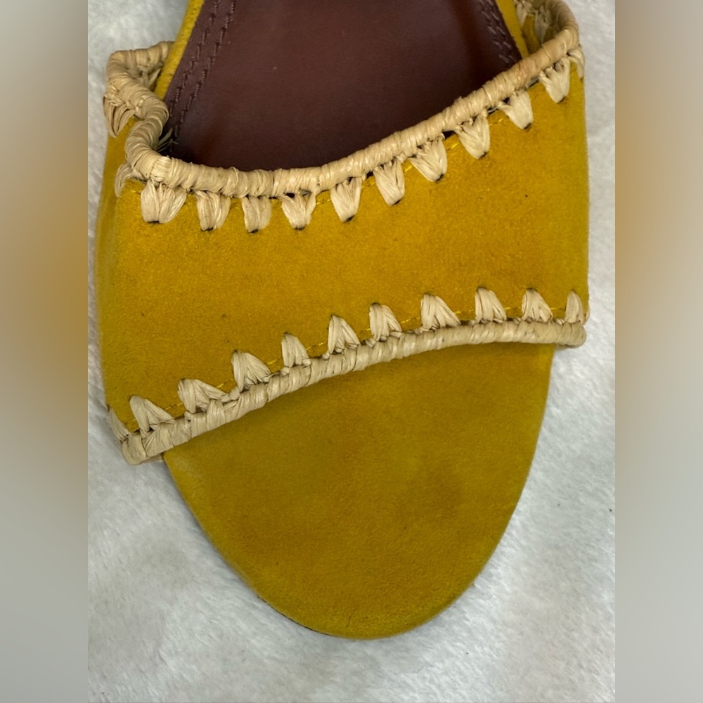 Tory Burch Yellow Raffia Suede Ankle Strap Sandals Block Heels Womens 6.5 - Picture 12 of 16